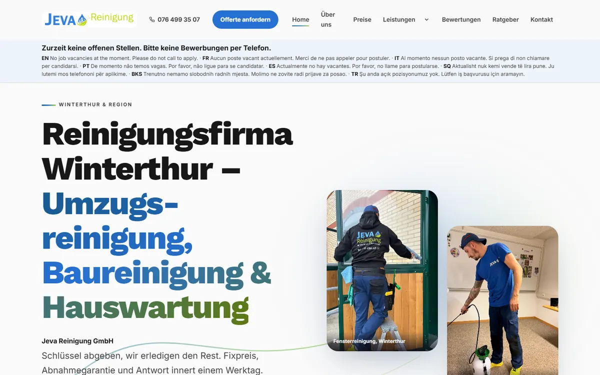 Startseite von Jeva Reinigung mit dem Titel Reinigungsfirma Winterthur
