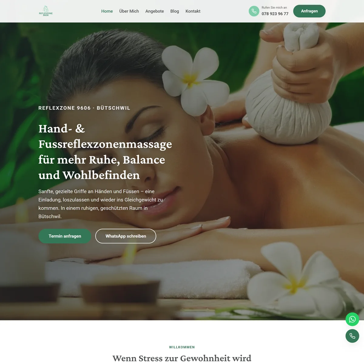 Startseite von Reflexzone 9606 in Bütschwil mit einer Massageanwendung und Blüten
