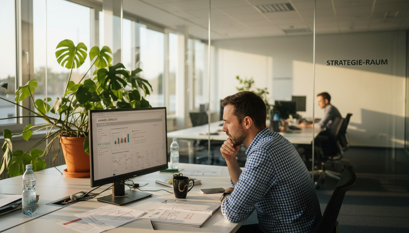 Ein SEO-Spezialist prüft am Schreibtisch die Leistungsdaten einer Website und sucht nach Optimierungsmöglichkeiten.