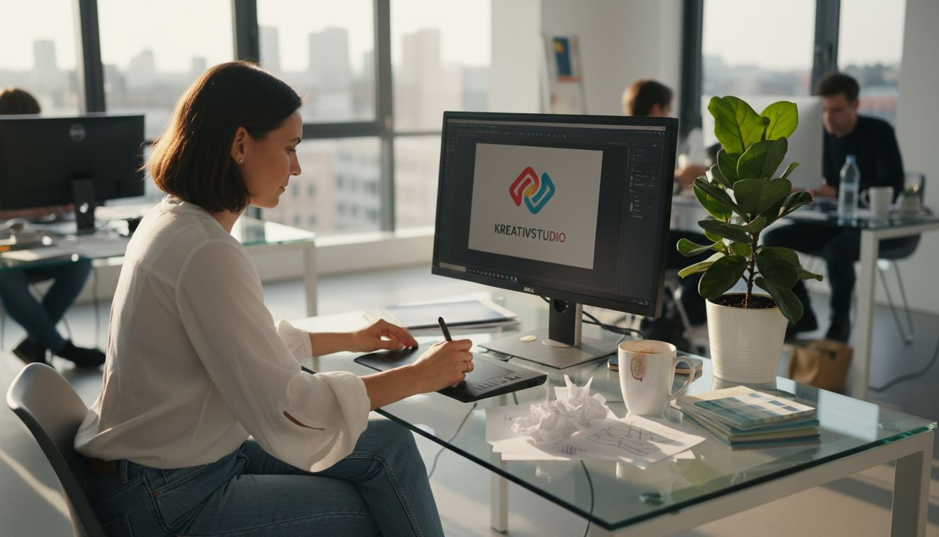 Eine Grafikdesignerin entwirft am Computer das neue Logo für ein Unternehmen.