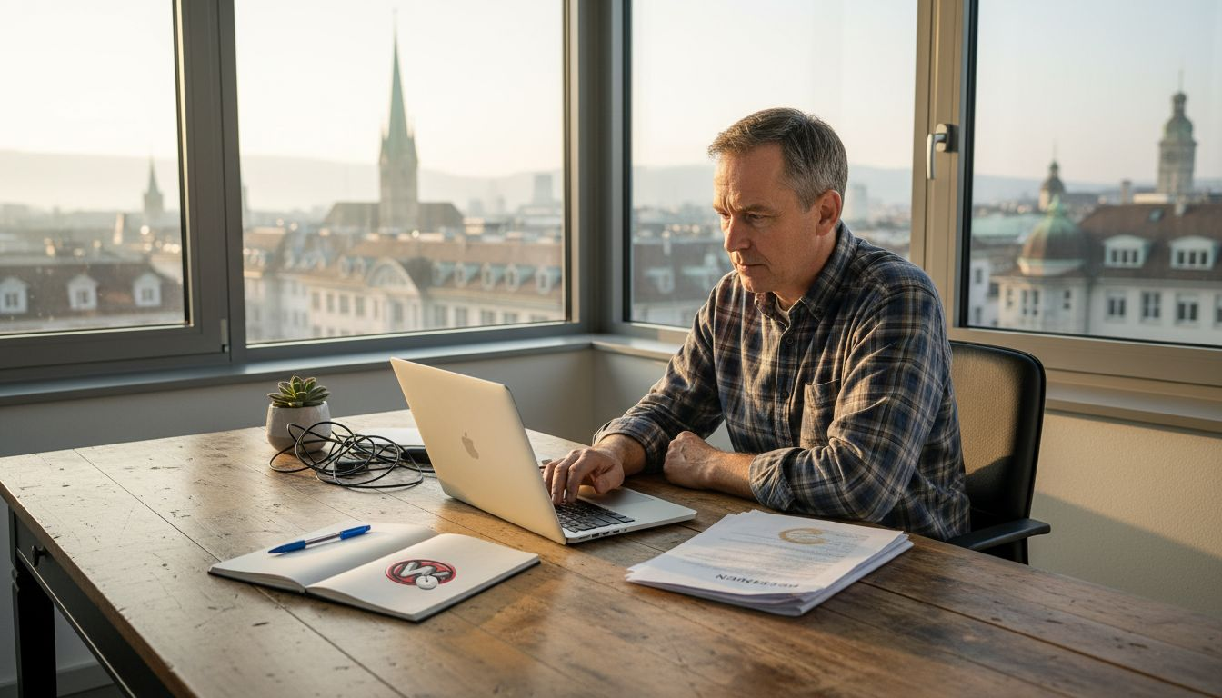 Ein Schweizer Unternehmer wirft am Schreibtisch einen kritischen Blick auf seine Website.