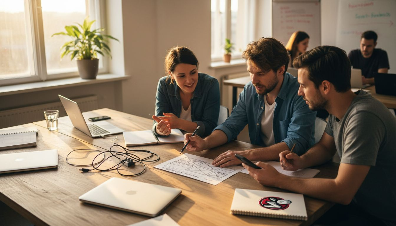 Ein Team sitzt gemeinsam am Tisch und entwirft das Layout für die Website eines kleinen Unternehmens.