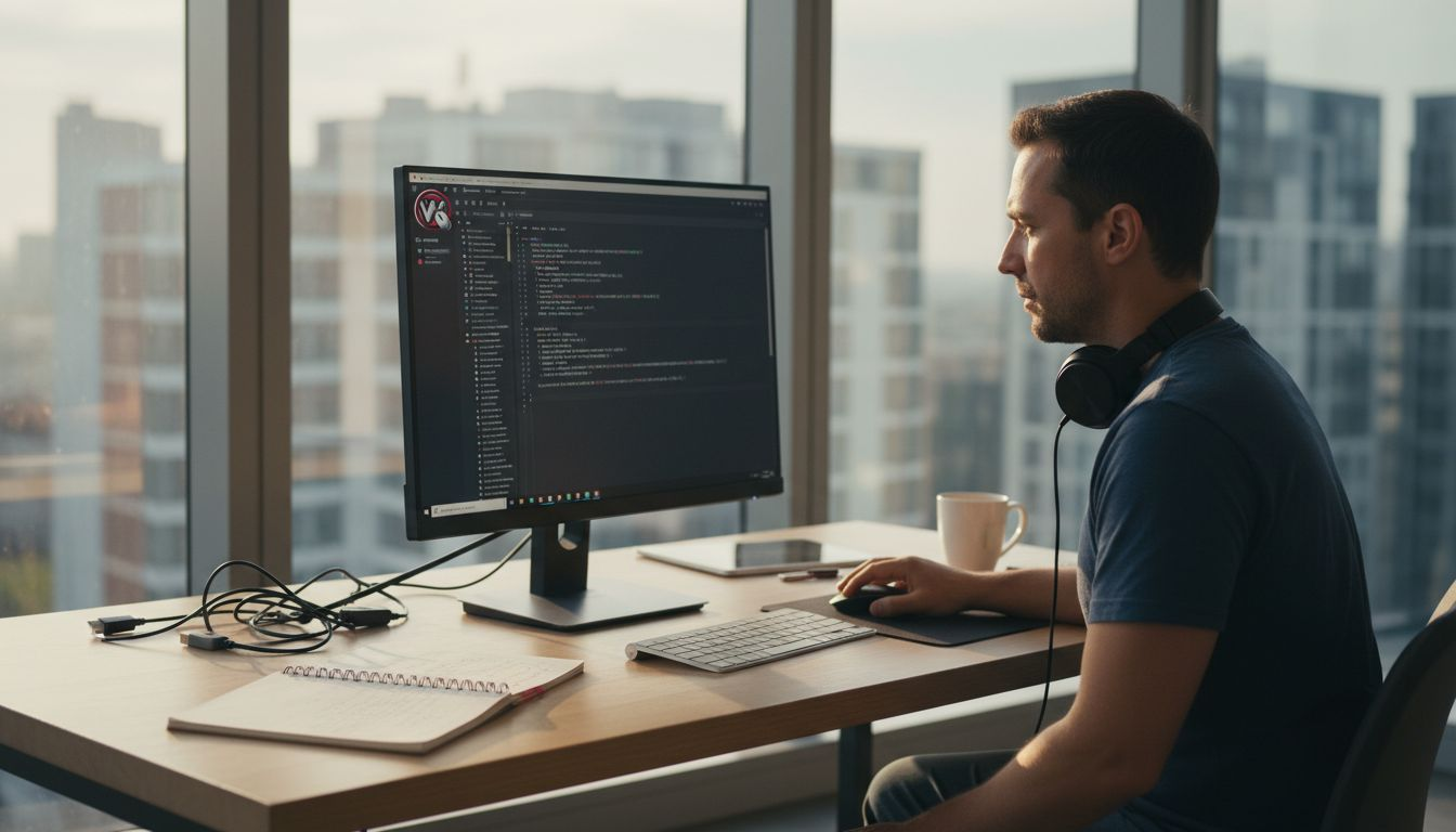 Ein Webentwickler überprüft seinen Code an seinem Schreibtisch im modernen City-Büro.