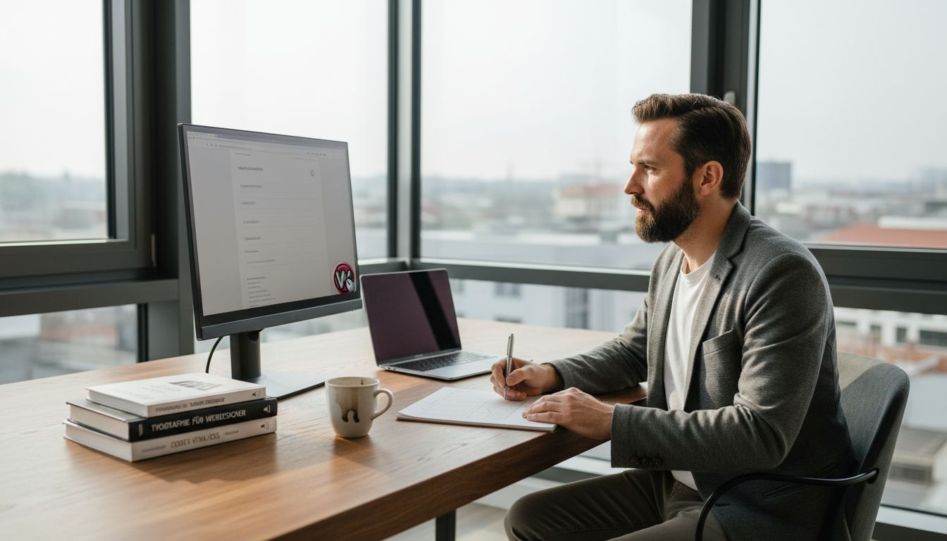 Ein Webdesigner arbeitet an einem neuen Website-Konzept in seinem lichtdurchfluteten Büro.