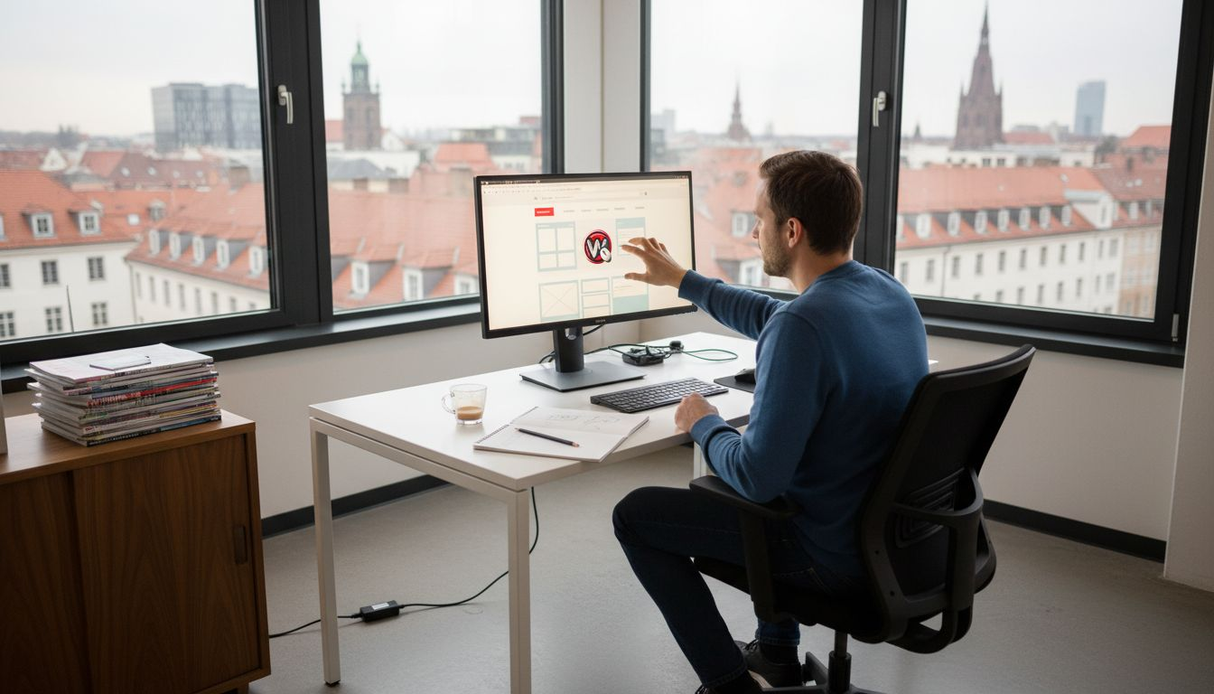 Ein Webdesigner sitzt konzentriert am Schreibtisch und arbeitet an einem neuen Webseiten-Entwurf.