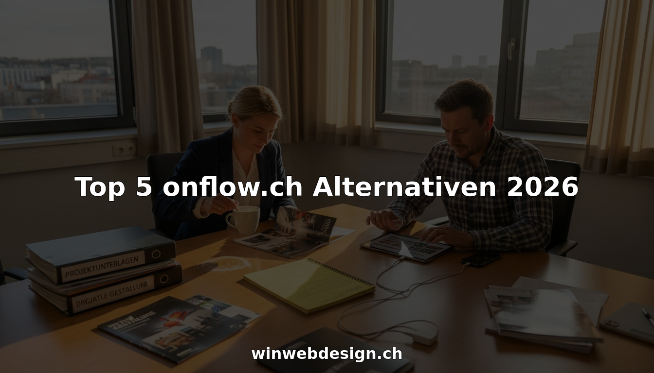 Zwei Personen werfen einen Blick auf die Broschüren verschiedener Webagenturen und vergleichen deren Angebote.