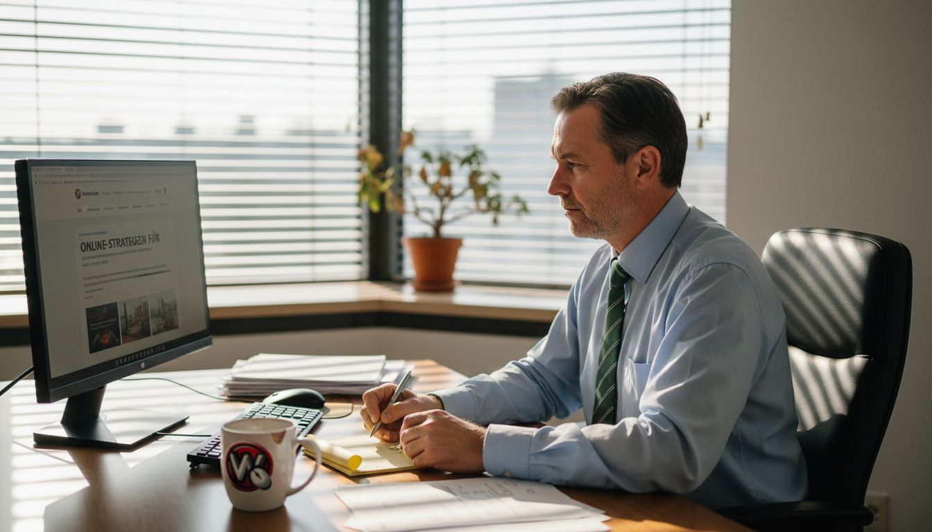 Ein Unternehmer sitzt in seinem großzügigen Büro mit Blick auf die Stadt und surft auf der Webseite eines KMU.