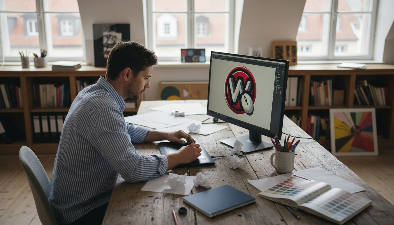 Ein Grafikdesigner sitzt an seinem Arbeitsplatz, umgeben von Skizzen und arbeitet am Computer.