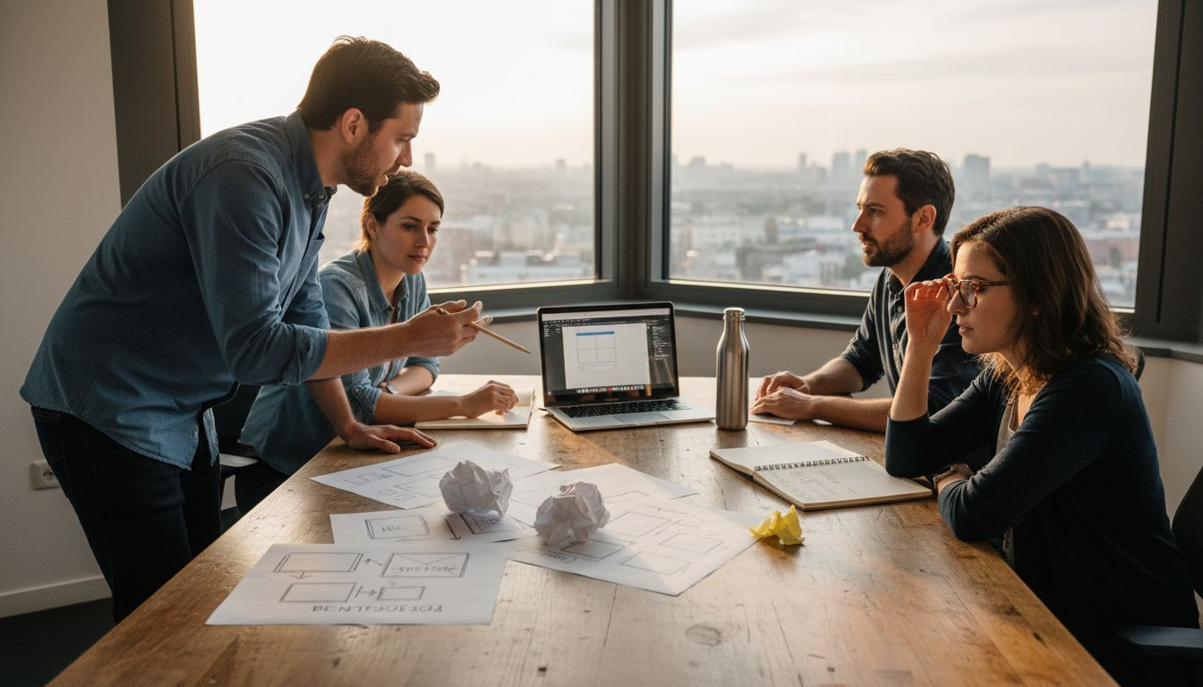 Das Webdesign-Team sammelt gemeinsam am Besprechungstisch kreative Ideen.