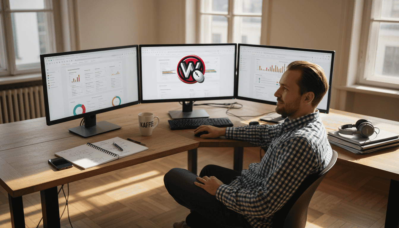 Ein Webseitenbetreiber wertet an seinem Schreibtisch die aktuellen Besucherzahlen und Statistiken seiner Internetseite aus.