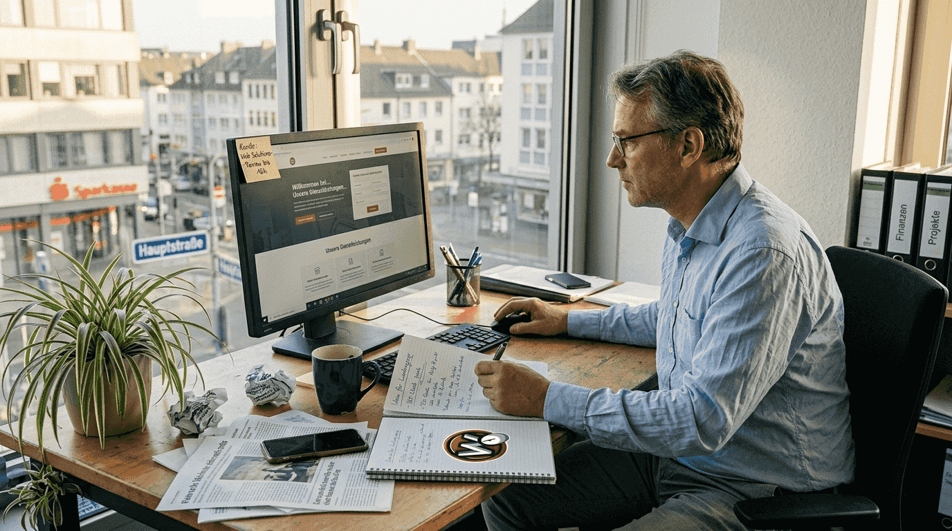 Ein Mann prüft das Design einer Landingpage an einem vollgestapelten Schreibtisch im Büro.