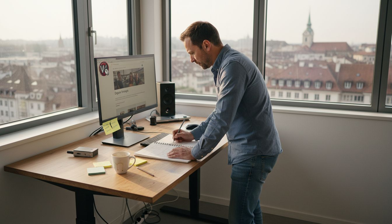 Ein Webdesigner sitzt in seinem Eckbüro und entwirft gerade das Layout für eine neue Webseite.