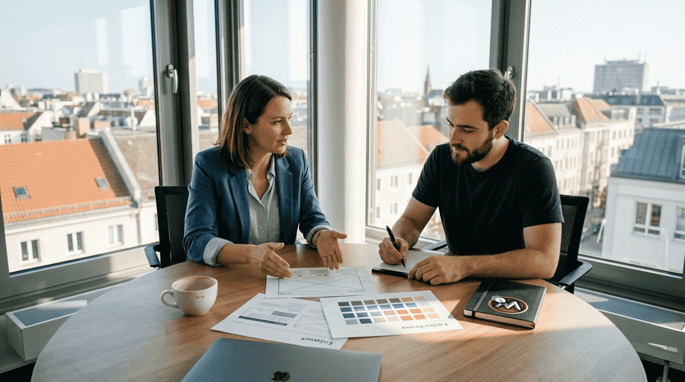 Unternehmer eines kleinen oder mittleren Betriebs und Webdesigner entwickeln gemeinsam ein neues Webprojekt.