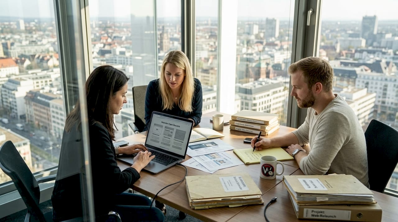 Das Team bespricht gemeinsam, welche Arten von Webseiten für das Unternehmen sinnvoll sind.