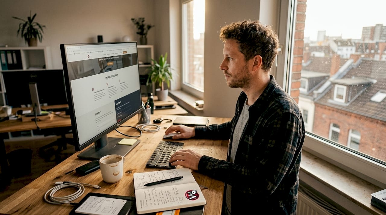 Webdesigner nimmt 2026 die Website eines mittelständischen Unternehmens im Büro genau unter die Lupe.
