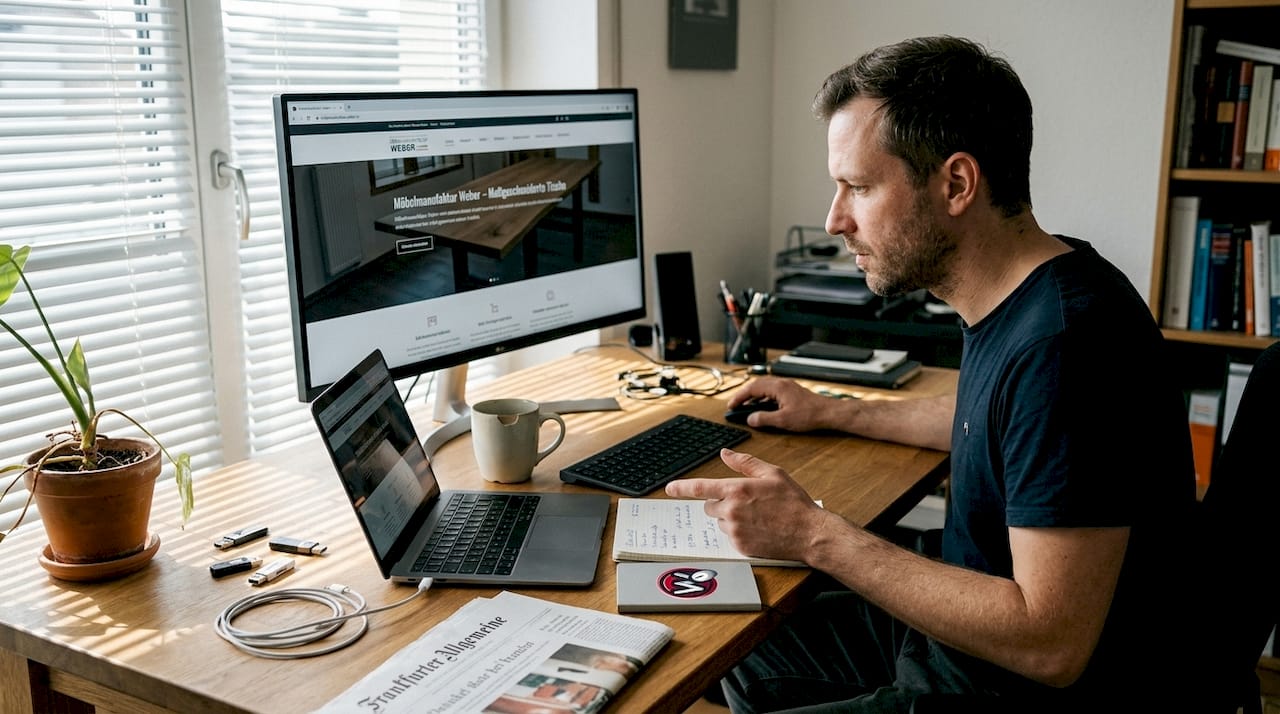 Ein Webdesigner sitzt an seinem vollgepackten Schreibtisch im Homeoffice und arbeitet konzentriert an neuen Projekten.