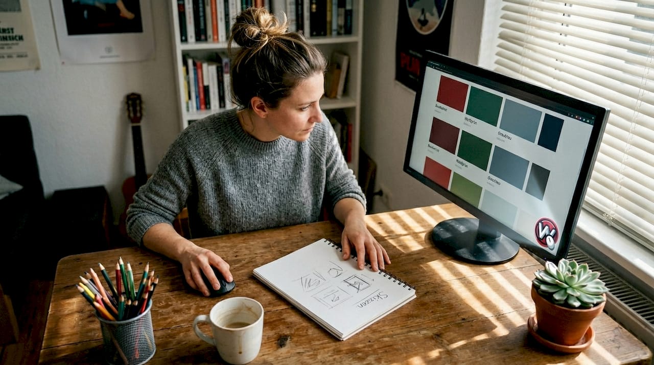 Ein Grafikdesigner sitzt am Schreibtisch und prüft verschiedene Farbkombinationen für sein aktuelles Projekt.