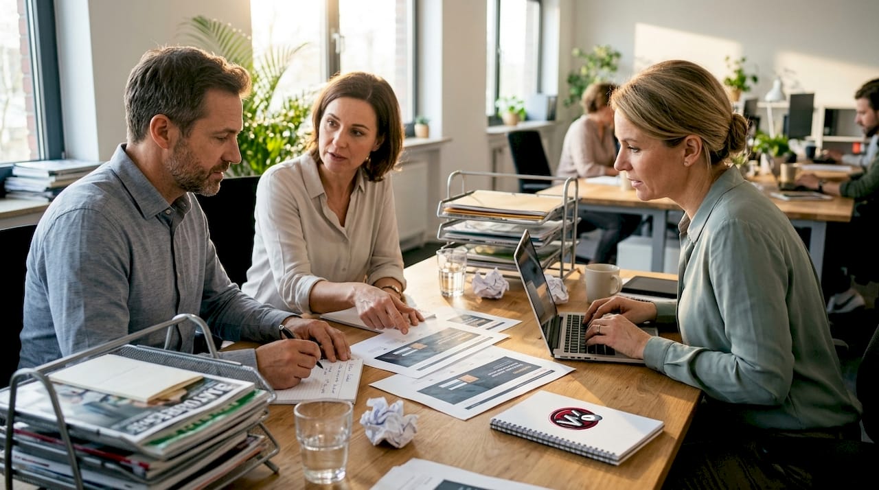 Das Team bespricht gemeinsam am Konferenztisch das neue Webdesign.