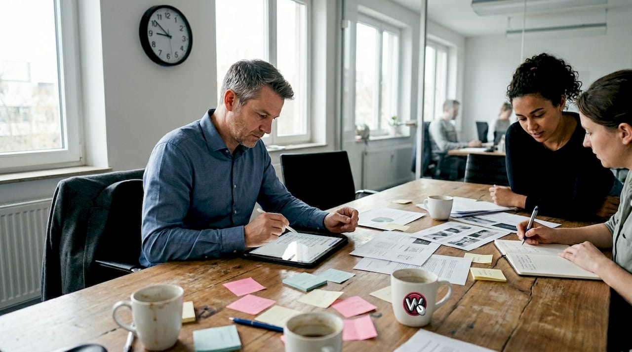Der Web-Projektleiter bespricht gemeinsam mit seinem Team die nächsten Schritte im Planungstreffen.