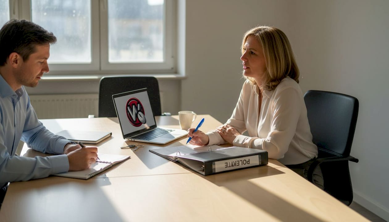 Eine Unternehmerin im Büro im Gespräch mit einem Kollegen