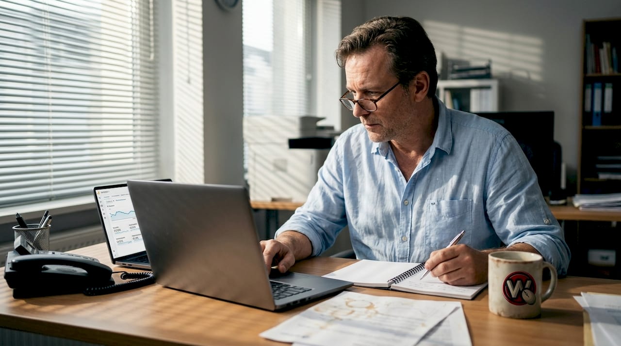 Ein Unternehmer wirft einen genauen Blick auf die Besucherzahlen und Statistiken seiner Firmenwebsite.