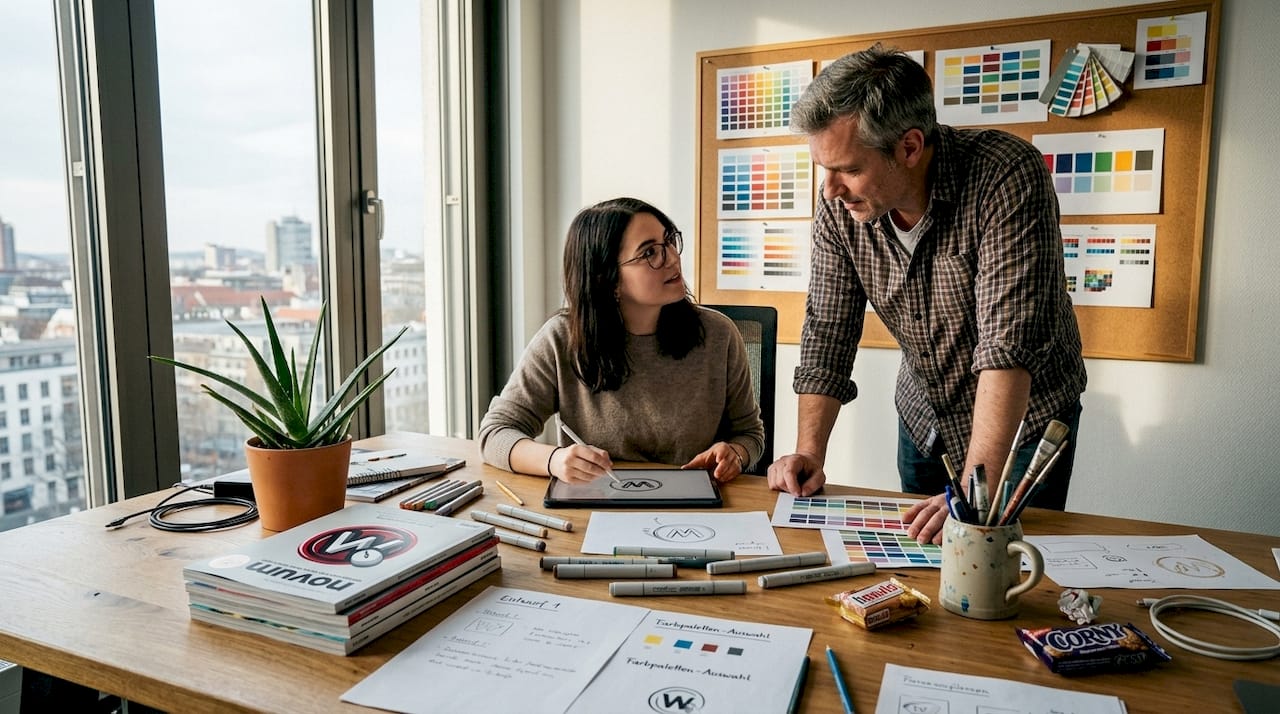 Zwei Designer sitzen an einem vollgestellten Schreibtisch und skizzieren gemeinsam neue Ideen.