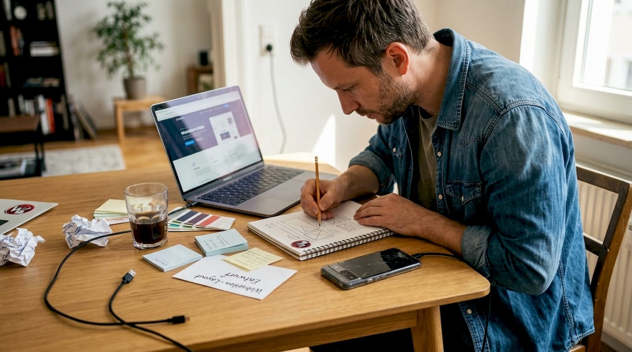 Ein Webdesigner entwirft am Schreibtisch das Konzept für eine neue Website.