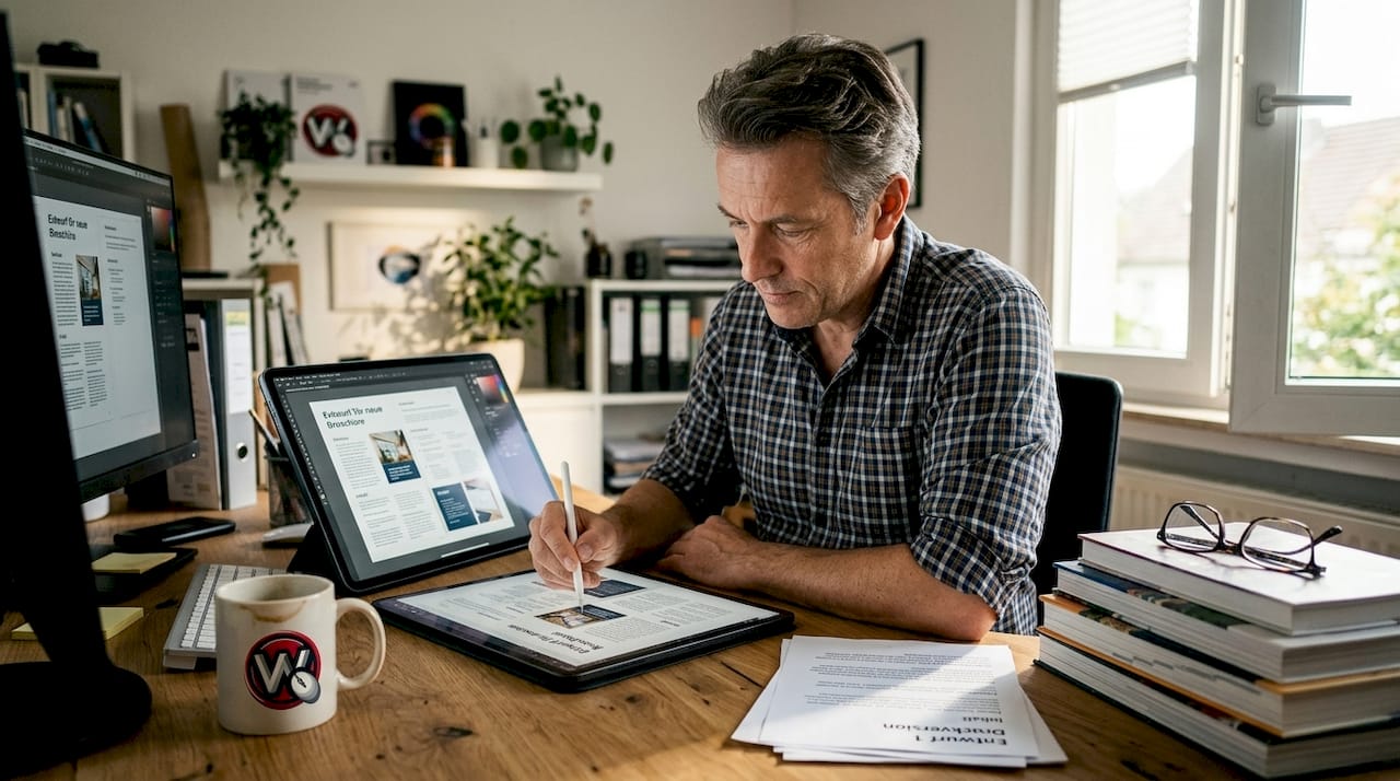 Ein Designer arbeitet konzentriert an seinem Schreibtisch im eigenen Homeoffice.