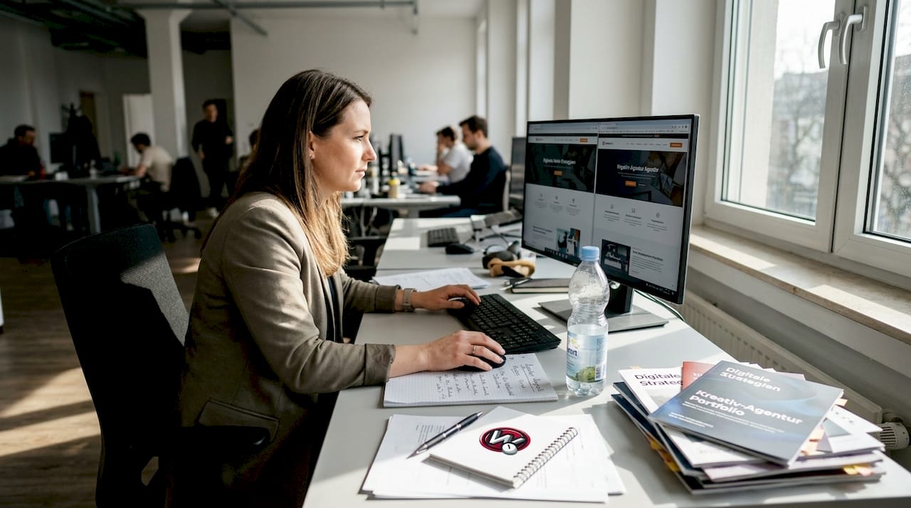 Ein Profi sitzt im Coworking-Space und vergleicht verschiedene Agentur-Websites auf seinem Laptop.