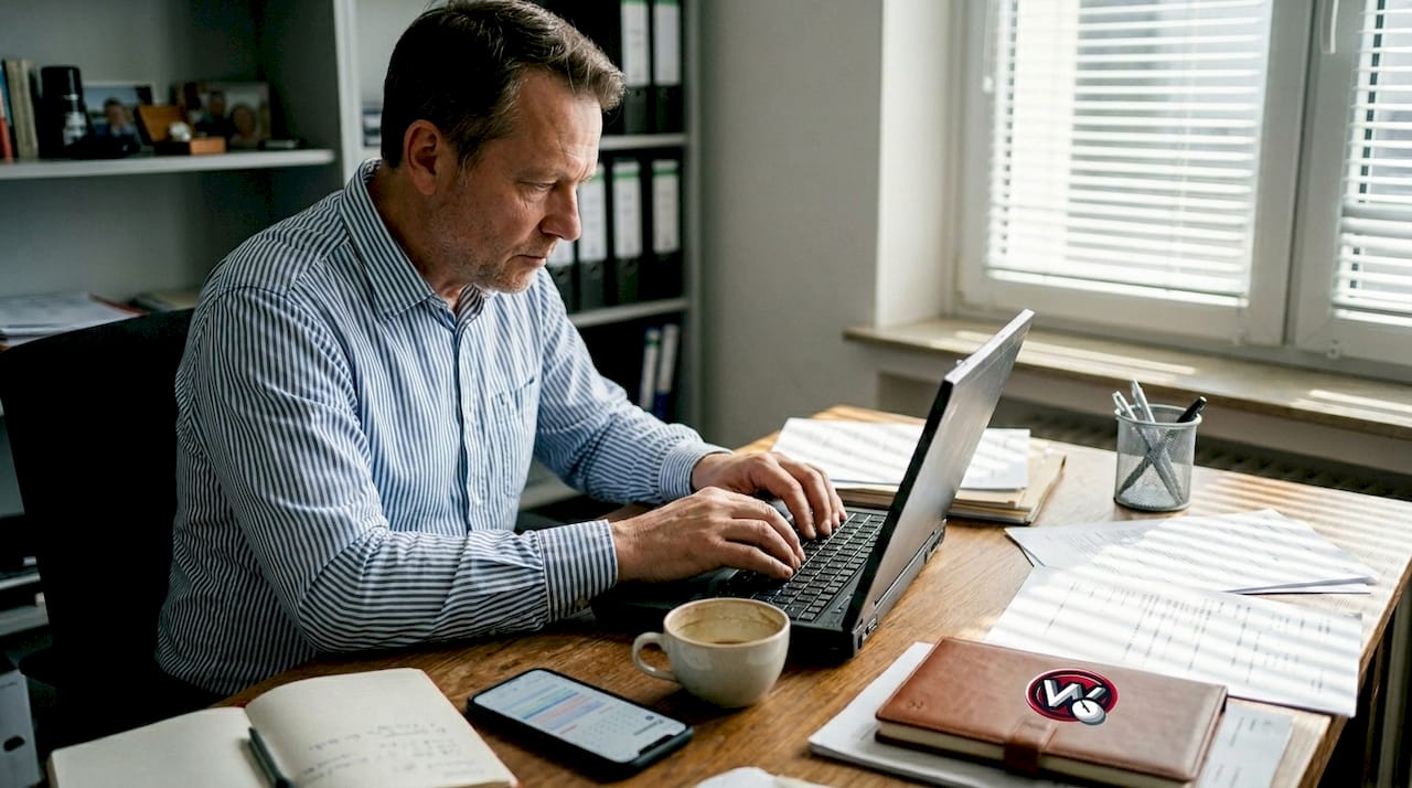 Ein Unternehmer eines mittelständischen Betriebs sitzt am Schreibtisch und arbeitet konzentriert am Laptop.