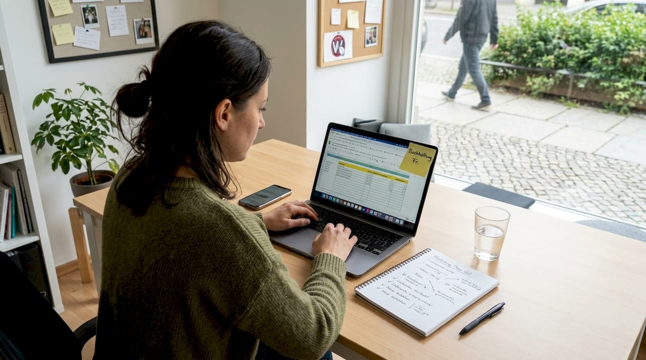 Die Geschäftsinhaberin optimiert im Büro am Laptop die SEO ihrer Website.