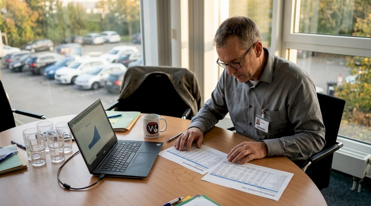 Ein Mann sitzt am Konferenztisch und beschäftigt sich konzentriert mit einer beruflichen Analyse.