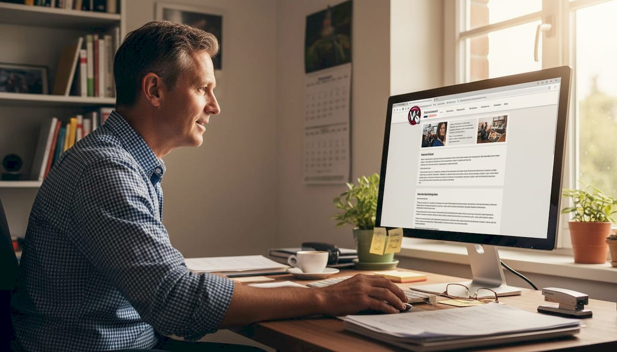 Im Büro überarbeitet der Geschäftsinhaber die Website seines Unternehmens.