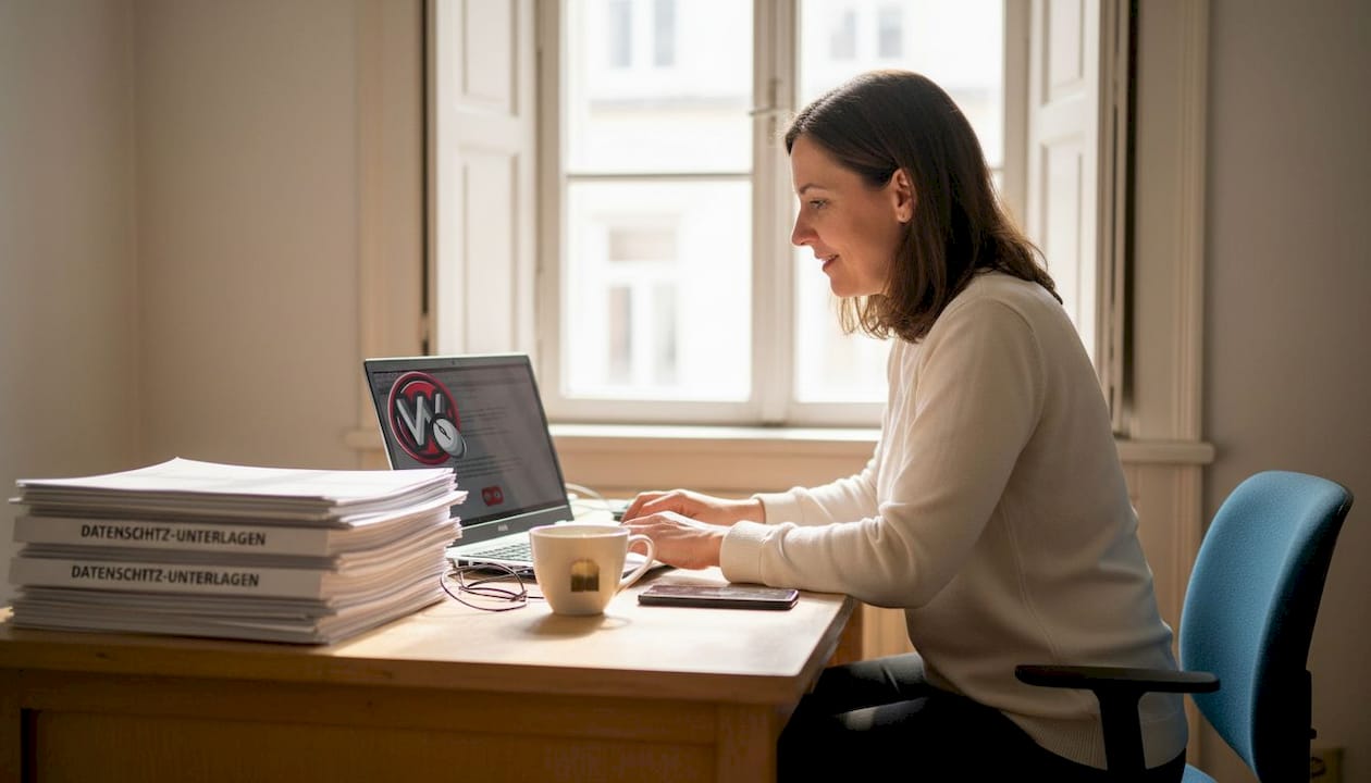 Eine Frau sitzt am Schreibtisch und arbeitet konzentriert an den Inhalten ihrer Website.
