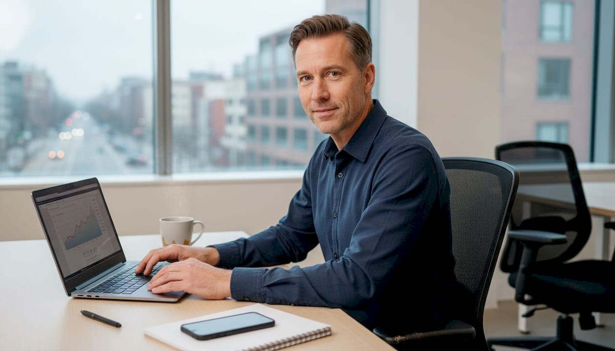 Ein Mitarbeiter eines mittelständischen Unternehmens arbeitet konzentriert an seinem Laptop im Büro.