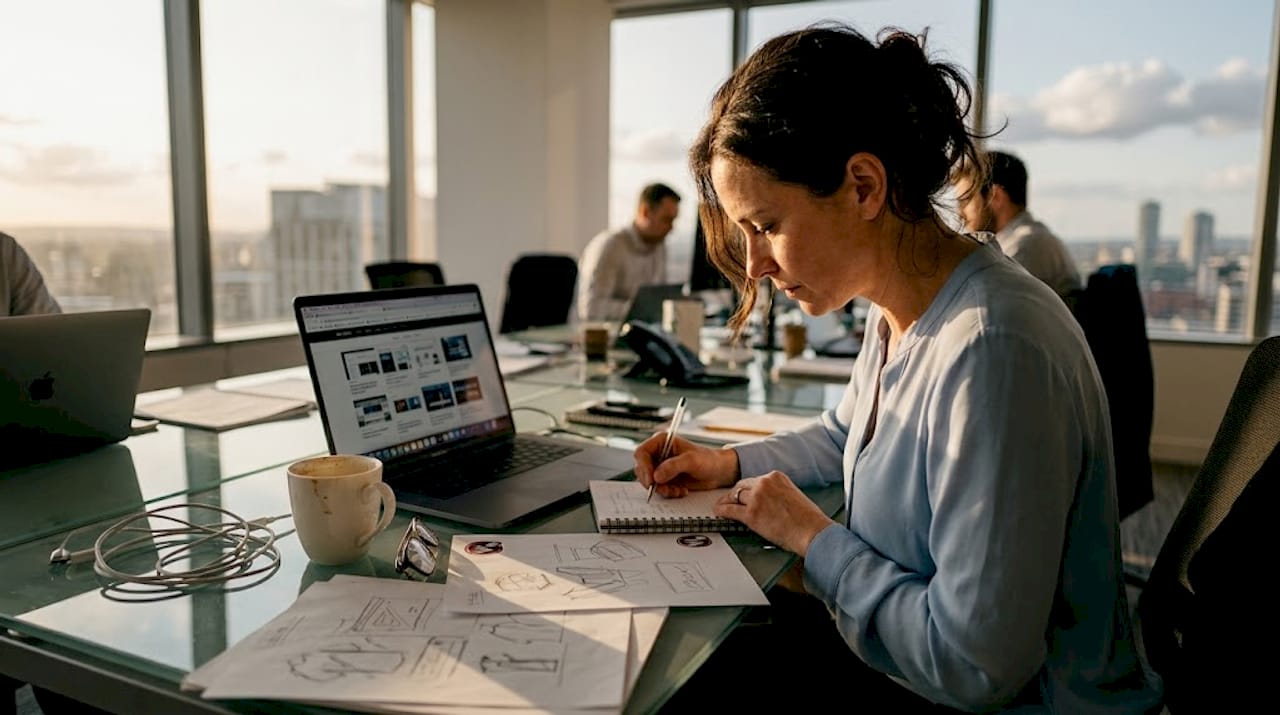 Eine Mitarbeiterin prüft im Büro verschiedene Entwürfe für Webdesigns.