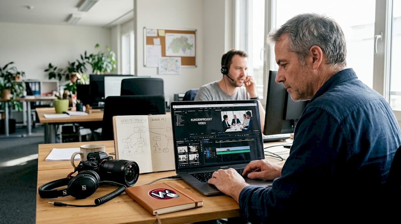 Ein Videoproduzent schneidet gerade im Büro an einem neuen Filmprojekt.